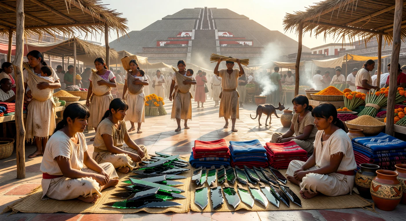 紀元600年頃のテオティワカンでは、巨大な「太陽のピラミッド」がそびえる大広場で活気に満ちた市場が開かれていました。マゲイ繊維の衣を纏った商人たちが、希少な緑色の黒曜石や鮮やかな幾何学模様の織物を並べ、家畜や車輪に頼らず人力のみで支えられた高度な交易ネットワークを維持しています。石灰の床が朝日に輝き、コパルの香煙が漂うこの光景は、メソアメリカ最大の都市が崩壊を前に迎えた、繁栄の絶頂期を象徴しています。