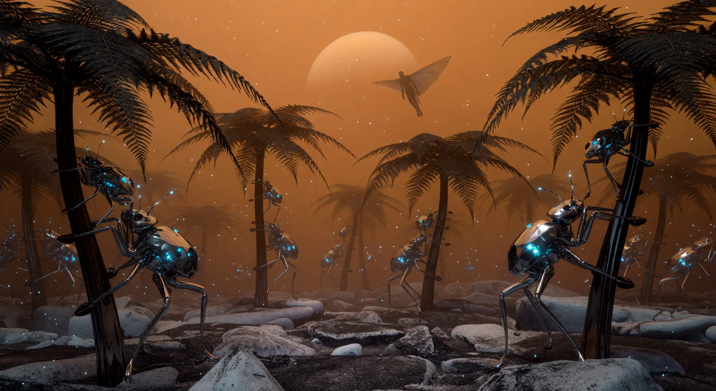 대분기 시대(2200-2500년) 타이탄의 94K 극저온 환경에서, 탄소 나노튜브로 구성된 15미터 높이의 '흑요석 고사리' 숲은 토성의 희미한 적외선을 흡수하며 거대한 에너지 수확장 역할을 합니다. 이 유리질 숲 사이를 누비는 실리콘 기반의 갑각류들은 탈륨 합금 외골격으로 체온을 유지하며, 정교한 열 감지 기관과 청록색 생물 발광을 이용해 짙은 메탄 안개 속에서 유기물을 탐색합니다. 화면 뒤편으로 날개막을 이용해 유영하는 '호모 아다프투스(Homo adaptus)'의 실루엣은 고밀도 대기와 저중력이 빚어낸 이 기묘한 외계 생태계의 거대한 규모를 짐작게 합니다.