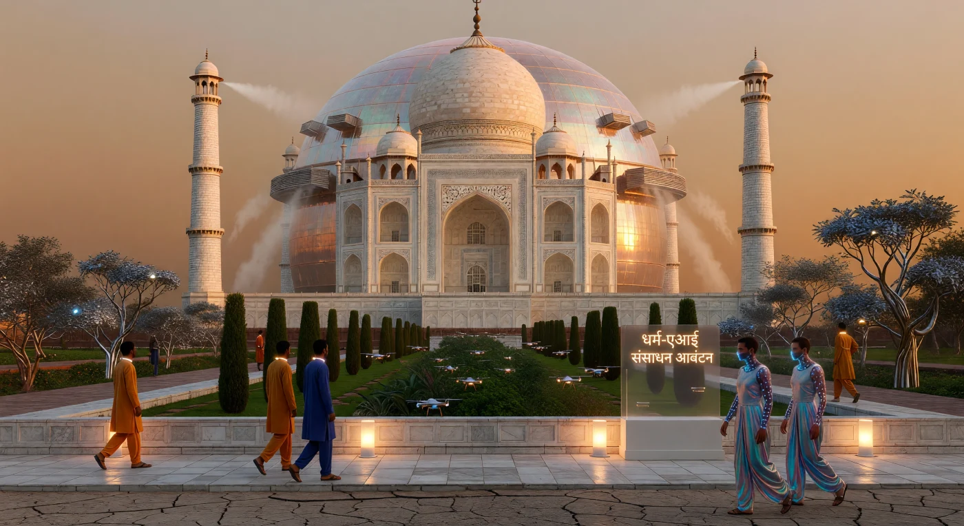 Nesta reconstrução do ano 2048, observamos o Taj Mahal encapsulado pelo Santuário de Polímero, uma megaestrutura de grafeno que preserva um microclima do Holoceno em meio às temperaturas extremas da era "O Limiar". No interior desta biosfera, humanos de base e "Siddha-Syncs" — indivíduos aumentados com redes subdérmicas de termorregulação — coexistem sob uma matriz energética de tório e luz lunar artificial. O contraste entre o mármore antigo e as árvores biotecnológicas ilustra o esforço monumental da Federação Sul-Asiática para salvaguardar a herança cultural contra o colapso ambiental do século XXI.
