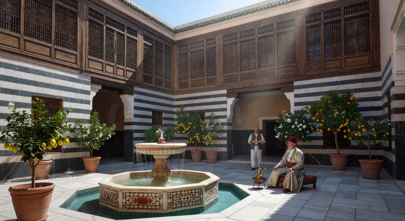 يصور هذا المشهد فناءً داخلياً (صحناً) في منزل دمشقي ثري من منتصف القرن التاسع عشر، حيث تتجلى عمارة "الأبلق" الفريدة بتناوب الحجر الأسود والأبيض، وتتوسطه نافورة رخامية مزخرفة تحيط بها أشجار الليمون الفواحة. يعكس مظهر التاجر الجالس بزيّه الحريري و"الطربوش" عصر "التنظيمات" العثمانية، وهي فترة تحول كبرى شهدت تحديثاً في الإدارة واللباس مع الحفاظ على الهوية التقليدية العريقة. تبرز "المشربيات" الخشبية المعقدة في الطوابق العليا التوازن الدقيق بين الخصوصية والجمال المعماري الذي ميز الحياة الحضرية في بلاد الشام، موفرةً ملاذاً بارداً وهادئاً بعيداً عن صخب المدينة.