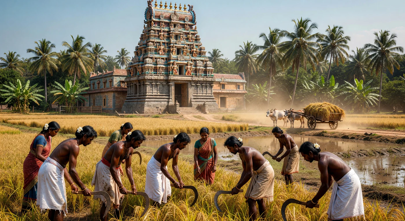Tamil laborers harvest a golden expanse of rice in the humid heat of the Carnatic plains, using hand-forged iron sickles to reap the season’s bounty. In the background, a towering Dravidian gopuram adorned with vibrant stucco deities rises above the coconut palms, serving as both a spiritual landmark and a testament to the region's sophisticated architectural heritage during the late 17th century. This scene captures the essential link between the agrarian cycle and the temple-centered social structure that defined life in South India throughout the Early Modern era.