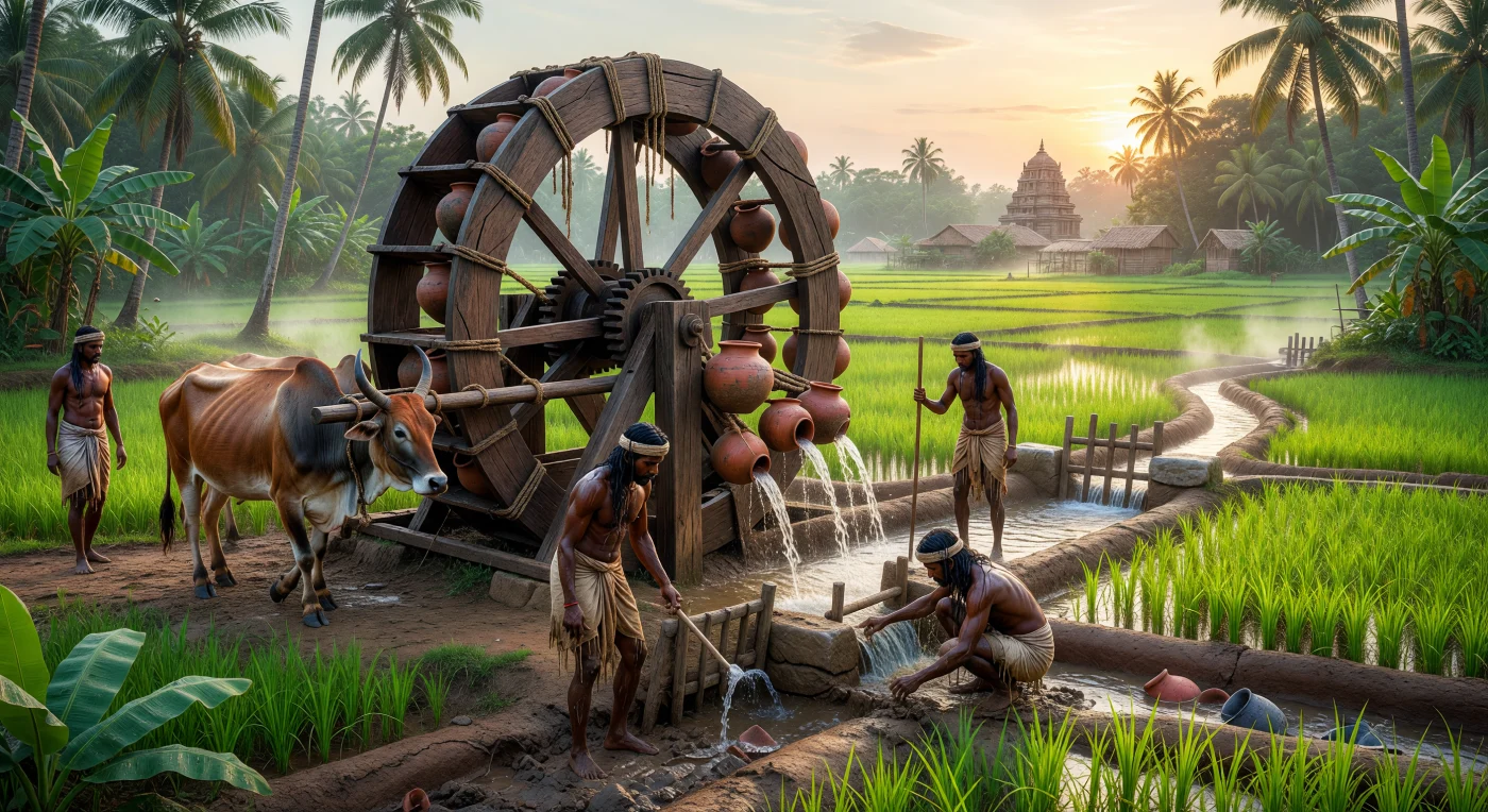Tamil farmers in the 8th century utilize a massive teak araghatta water wheel, driven by yoked Zebu cattle, to lift river water into an intricate network of terracotta and clay sluices. This sophisticated hydraulic engineering supported the intensive rice cultivation that fueled the economic and political rise of the Pallava and early Chola dynasties in Southern India. The surrounding landscape, characterized by vibrant paddies and towering coconut palms, reflects the highly organized agrarian society that sustained the region's burgeoning temple culture.