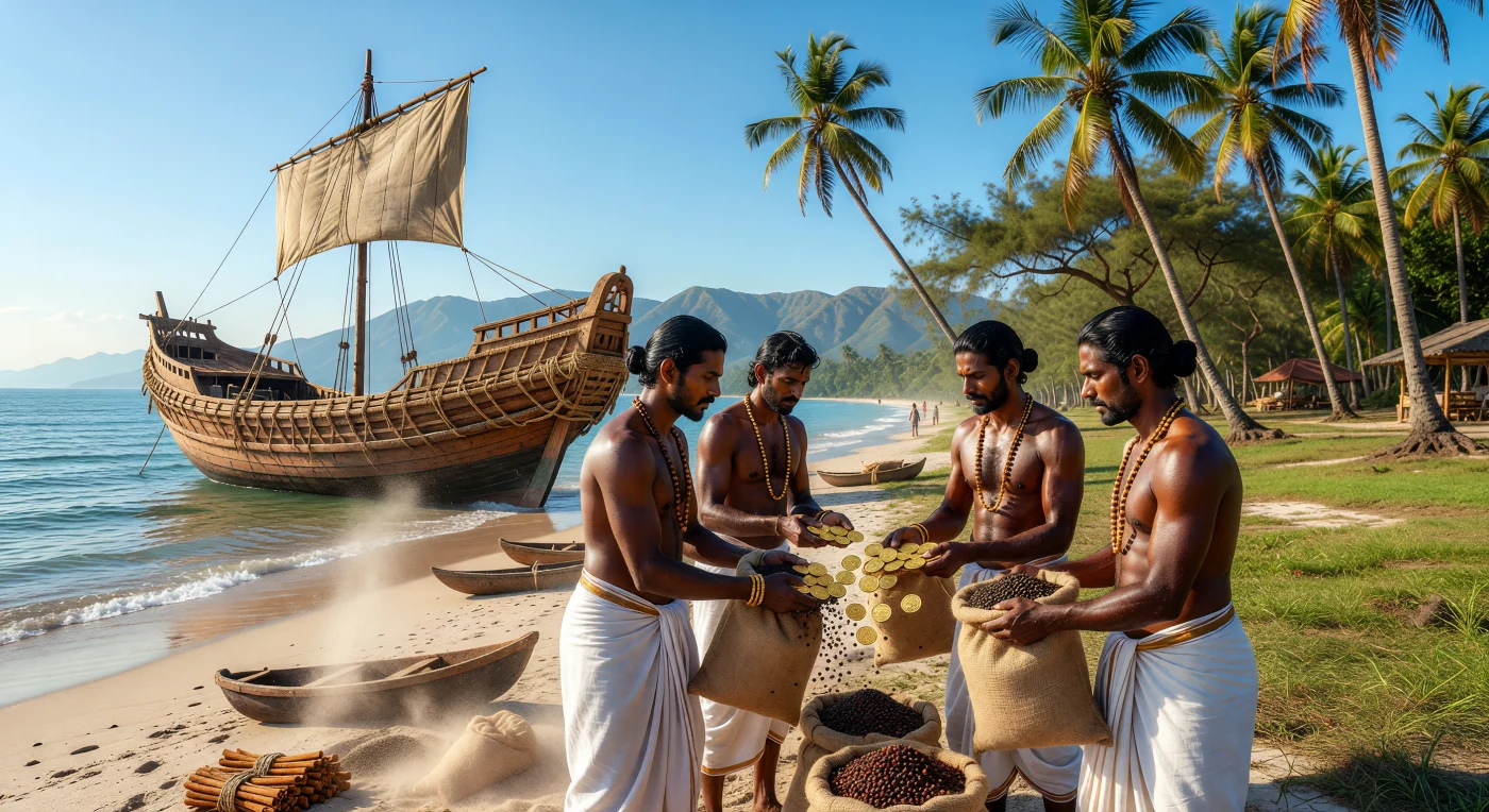An der sonnenverwöhnten Malabar-Küste des 2. Jahrhunderts tauschen tamilische Händler in feinen Baumwollgewändern schwere Säcke mit kostbarem schwarzem Pfeffer gegen römische Goldmünzen ein. Im Hintergrund liegt ein traditionelles Handelsschiff vor Anker, dessen Teakholzplanken nach antiker Ingenieurskunst mit robusten Kokosfasern vernäht statt vernagelt wurden. Diese Szene illustriert die Blütezeit des antiken Gewürzhandels, der den Indischen Ozean zur ersten wahrhaft globalisierten Handelsstraße zwischen dem Römischen Reich und Südasien machte.