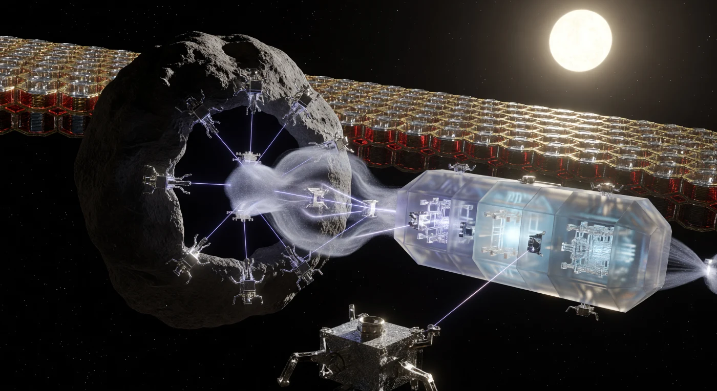 西暦20,000年から100,000年にかけての「宇宙的成熟期」において、高度な情報生命体「瞑想者（ザ・コンテンプラティブス）」は、恒星を包み込むマトリョーシカ・ブレインの拡張を続けていました。この情景では、銀色に輝くフォン・ノイマン型の自己複製プローブ群が、炭素質小惑星を原子レベルで解体し、巨大なダイヤモンド状の鍛造炉へと素材を供給する様子が捉えられています。生物学的な肉体を捨て、量子基盤へと移行した彼らにとって、この星系規模の土木作業は、数千年を要する「長い思考」を支えるための物理的な身体構築そのものなのです。