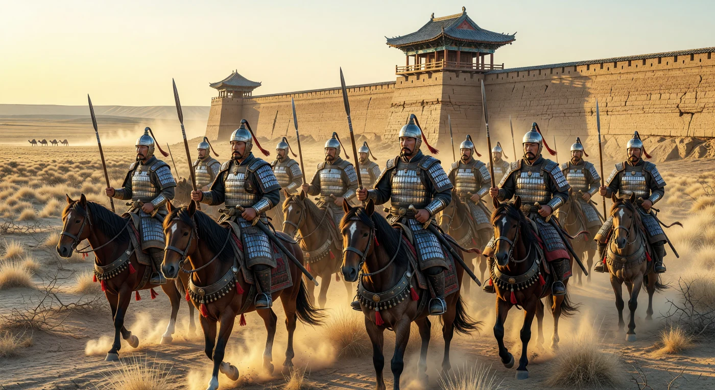 Elite Tang Dynasty cataphracts patrol the arid Loess Plateau, their polished "Mingguang" (Bright Mirror) armor reflecting the morning sun against a backdrop of massive rammed-earth fortifications. These heavy cavalrymen ride prized Ferghana horses, distinguished by the "San Hua" style of triple-tufted manes, a hallmark of imperial status and military prestige in the 7th and 8th centuries. This scene illustrates the sophisticated military power and architectural engineering used to secure the frontier and protect the vital trade arteries of the Silk Road.