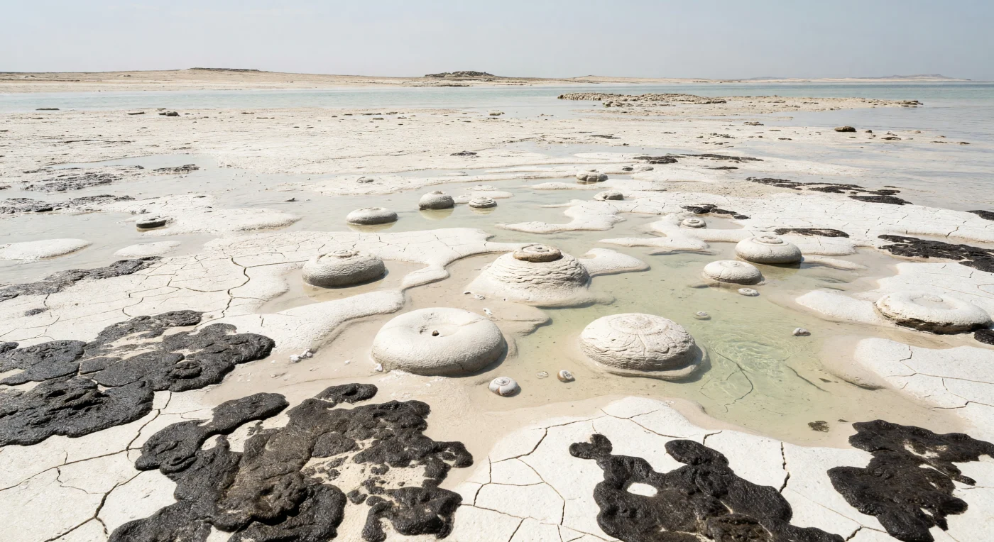 Nesta planície de maré da Tétys no início do Triásico, há cerca de 252 milhões de anos, o olhar percorre lamas carbonatadas claras, fendilhadas pelo calor, cobertas por tapetes microbianos escuros e por pequenos domos estromatolíticos, enquanto poucos amonóides ceratítidos, semelhantes a Ceratites, permanecem em canais rasos de água morna. A cena regista a recuperação lenta após a extinção em massa do fim do Pérmico, quando as costas tinham ainda baixíssima diversidade e quase não existiam construtores de recifes. Estes ambientes de maré, ricos em micrito, evaporitos e microbialitos, testemunham um mundo marinho stressado, sob um clima de efeito de estufa extremo, em que a vida começava apenas a reconstruir os ecossistemas da era Mesozóica.