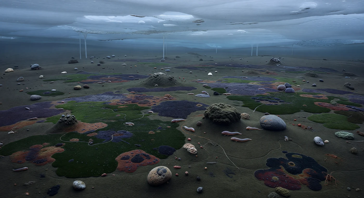 Bajo un techo continuo de hielo marino, el fondo oceánico criogénico aparece cubierto por tapices microbianos de tonos verde oscuro, púrpura parduzco y negro, salpicados por pequeños montículos trombolíticos y cantos caídos del hielo. Sobre este sedimento fino y oscuro, diminutos bilaterios de cuerpo blando —animales vermiformes de apenas 2–5 cm, aún sin partes duras conocidas— dejan débiles rastros de alimentación mientras reptan lentamente en la penumbra azulada. La escena recrea la Tierra “bola de nieve” del Criogénico, hace aproximadamente 720–635 millones de años, cuando gran parte del planeta estaba sellada por el hielo pero persistían ecosistemas subglaciales dominados por comunidades bacterianas y quizá eucariotas simples. Estos paisajes silenciosos evocan un mundo extremo anterior a trilobites, peces y plantas terrestres, donde la vida sobrevivía aferrada a películas microbianas sobre el lecho marino helado.