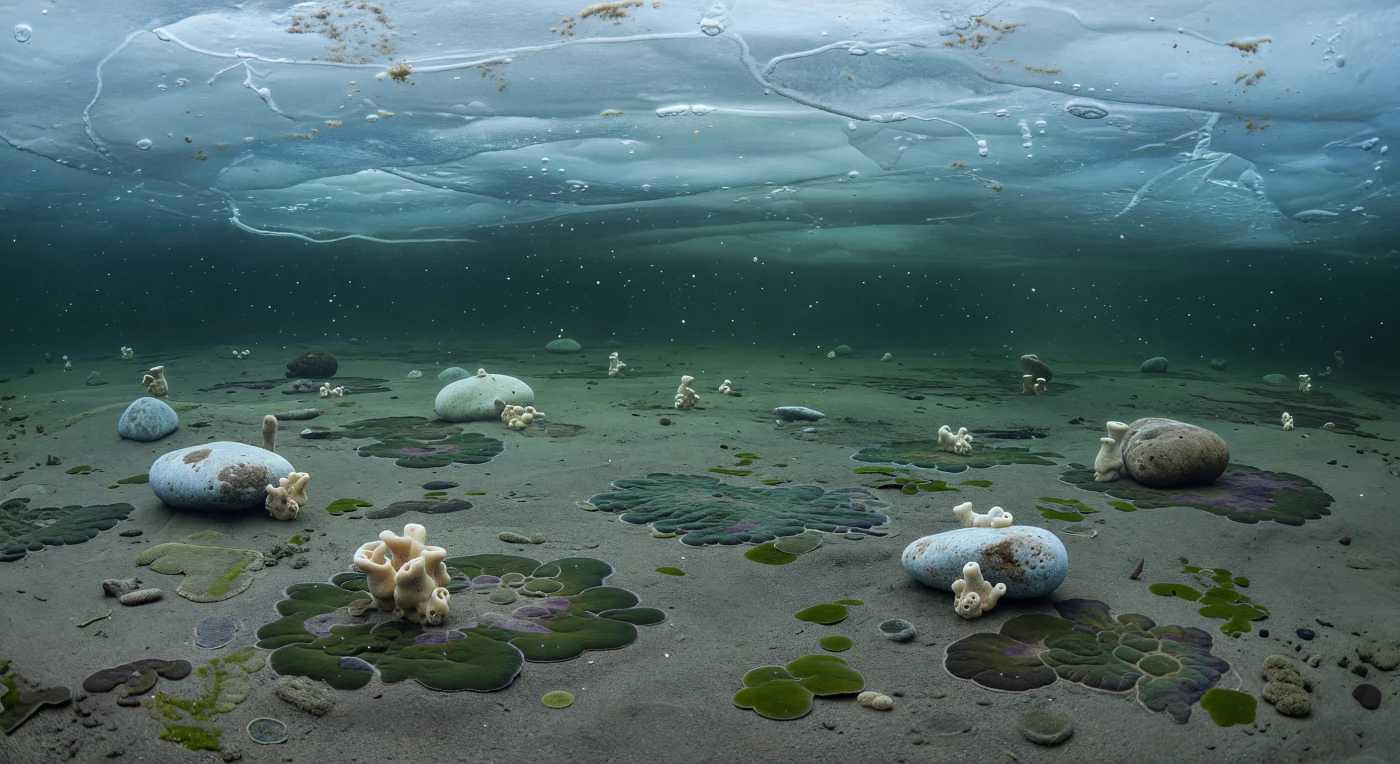 Sous une voûte de glace translucide bleu-blanc à peine 1 à 3 mètres d’épaisseur, cette mer peu profonde du Cryogénien, il y a environ 720 à 635 millions d’années, n’est éclairée que par une faible lueur bleu-vert filtrée. Sur le fond de vase grise parsemé de dropstones glaciaires s’étalent des tapis microbiens de cyanobactéries sombres, quelques films d’algues chlorophytes simples et, dans l’eau, dérivent de rares sphères planctoniques de type Leiosphaeridia. Accrochées aux blocs, de petites éponges primitives du groupe souche des démosponges, hautes de seulement 2 à 5 centimètres, témoignent de refuges sous la glace où la vie persistait malgré le froid extrême de la Terre « boule de neige ».