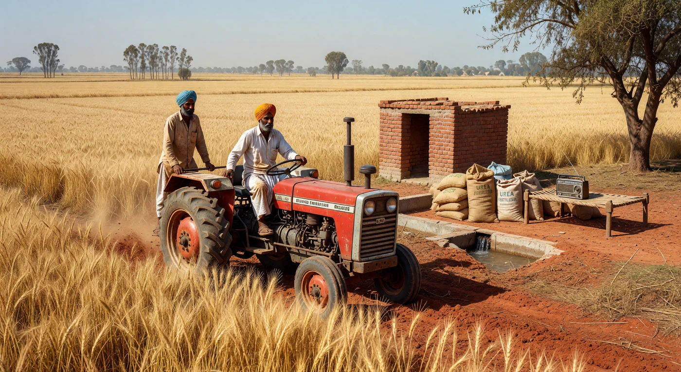 Tijdens de Baisakhi-oogst van 1975 doorkruist een iconische rode Massey Ferguson-tractor de uitgestrekte, goudkleurige tarwevelden van de Punjab. Twee Sikh-boeren, herkenbaar aan hun levendige saffraan- en blauwgekleurde tulbanden, belichamen hier de Groene Revolutie die de Indiase landbouw door mechanisatie en chemische meststoffen ingrijpend moderniseerde. Op de achtergrond getuigen een bakstenen pomphuis en opgestapelde zakken kunstmest van de technologische vooruitgang die deze regio transformeerde tot de graanschuur van Zuid-Azië.