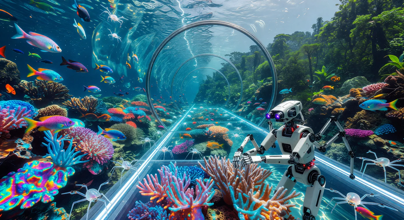 في عام ٢١٤٤ ميلادي، نرى داخل أسطوانة أونيل الضخمة في مدار الأرض مشهدًا يدمج بين التكنولوجيا الفائقة والبيئة الحيوية، حيث يغوص وكيل آلي يتحكم فيه عقل مستقل (SIM) لصيانة شعاب مرجانية أعيد إنشاؤها جينيًا تحت ضوء شمس اصطناعية من مصابيح (LED). تبرز هذه الصورة عصر "التقارب"، حيث تتقوس المياه الصافية للأعلى متبعةً الانحناء الطردي للمحطة، بينما تسبح أسماك مدارية محسنة وراثيًا بجانب "درونات عنكبوتية" حيوية تعمل على تقوية الهيكل السيليكوني للمدار. يعكس هذا المشهد الدقة العلمية في إدارة النظم البيئية خارج كوكب الأرض، موضحًا كيف استطاع البشر والذكاء الاصطناعي الحفاظ على التنوع البيولوجي في بيئة فضائية محكومة بالكامل.