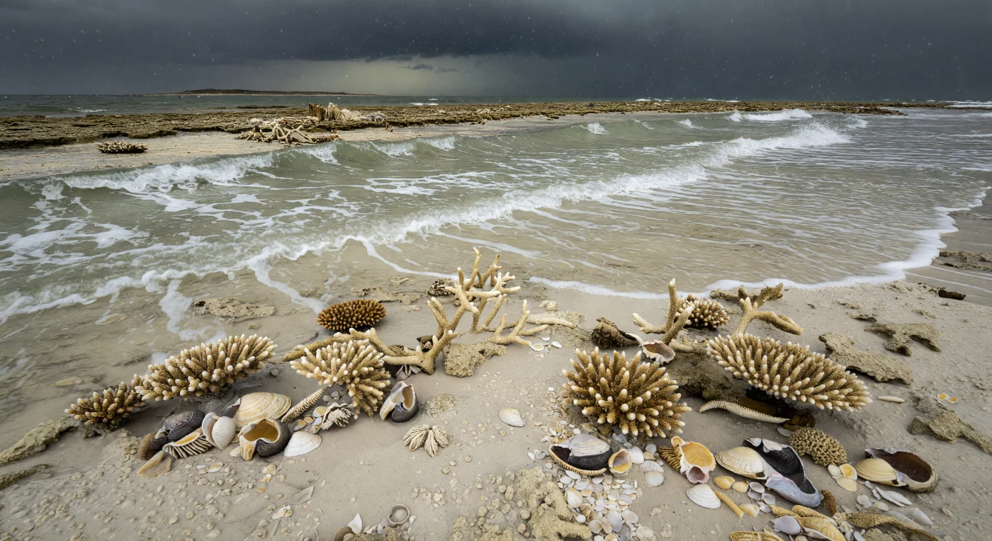 灰緑色の暴風波が、クリーム色のウーイド砂からなるジュラ紀中期〜後期（約1億700万〜1億500万年前）の浅い炭酸塩プラットフォームをなめるように駆け抜け、枝状サンゴのテコスミリア（Thecosmilia）を折り、カキのグリファエア（Gryphaea）や二枚貝トリゴニア（Trigonia）の殻を転がしています。足元の海底には、細かな球状粒子が集まった高エネルギー環境特有のウーイド砂、砕けたサンゴ礫、ウミユリ片、ベレムナイトのロストラムが混ざり、嵐による激しい再堆積のようすを物語ります。こうした景観は、テチス海に面した温暖なジュラ紀の浅海で広く見られたもので、サンゴ礁や海綿礁の縁辺に広がる浅瀬が、熱帯性の嵐に繰り返し洗われていたことを今に伝えています。