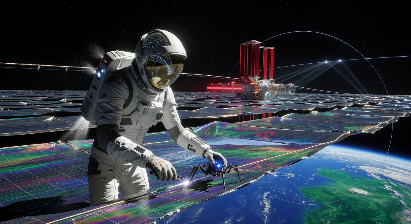In this depiction of Earth’s orbit during the Convergence (c. 2144 AD), a 2.1-meter-tall Grav-Adapted technician utilizes a cold-gas thruster pack to navigate the shimmering, 50,000-square-kilometer expanse of the Helios Array. These iridescent photovoltaic films harvest unfiltered solar energy, beaming it via high-frequency microwaves to a power-hungry planet below. The technician’s elongated physiology and integrated neural-symbiosis filaments represent the biological and technological evolution of humanity as it transitioned into a Kardashev 1.2 civilization.