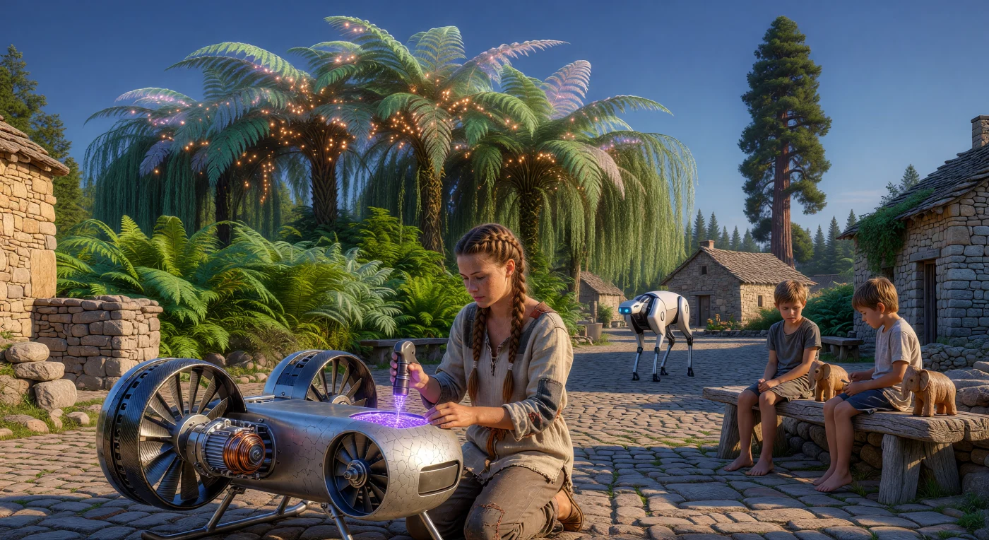 In deze scène uit de periode van de Grote Divergentie (ca. 2200-2500 n.Chr.) repareert een technicus van de *Homo sapiens natural* een aero-bike met een moleculaire assembler onder een lichtgevend bladerdak van energie-opwekkende Piezo-flora. Terwijl kinderen spelen met houtsnijwerk van de-extincte mammoeten, bewaakt een Custodial AI Sentinel de rust in dit zorgvuldig beheerde reservaat waar de mensheid in een staat van technologische stasis leeft. De diepblauwe lucht en de weelderige flora getuigen van een succesvol herstelde atmosfeer met een CO2-gehalte van 280 ppm, ondersteund door een onzichtbaar Dyson-zwerm-netwerk dat de zonne-intensiteit op de menselijke bakermat moduleert.