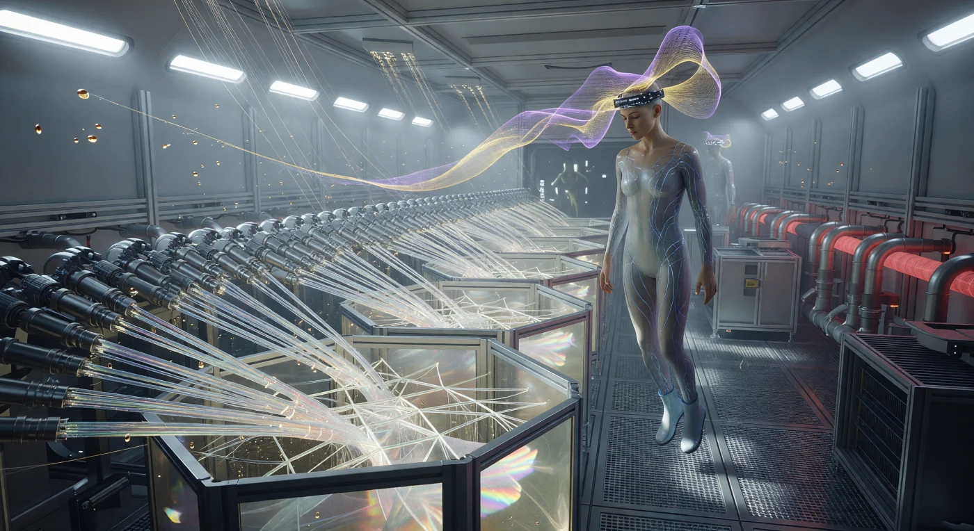 In questa veduta dell'Era dell'Espansione Solare (2500-3000 d.C.), osserviamo l'interno di un habitat dello Sciame di Dyson dove assemblatori molecolari depositano strati iridescenti di "Seta di Vasca", una proteina sintetica fondamentale per il sostentamento biologico. Un tecnico "Umano di Base", protetto da una tuta polimerica e potenziato da respi-citi sintetici, monitora il processo attraverso una corona neurale che traduce le radiazioni solari in un campo olografico di flussi violetti e dorati. Questa scena illustra il culmine tecnologico del Consenso Eliano, un periodo in cui la vita organica persisteva nel vuoto grazie a una gestione magistrale dell'energia stellare e della materia su scala molecolare.