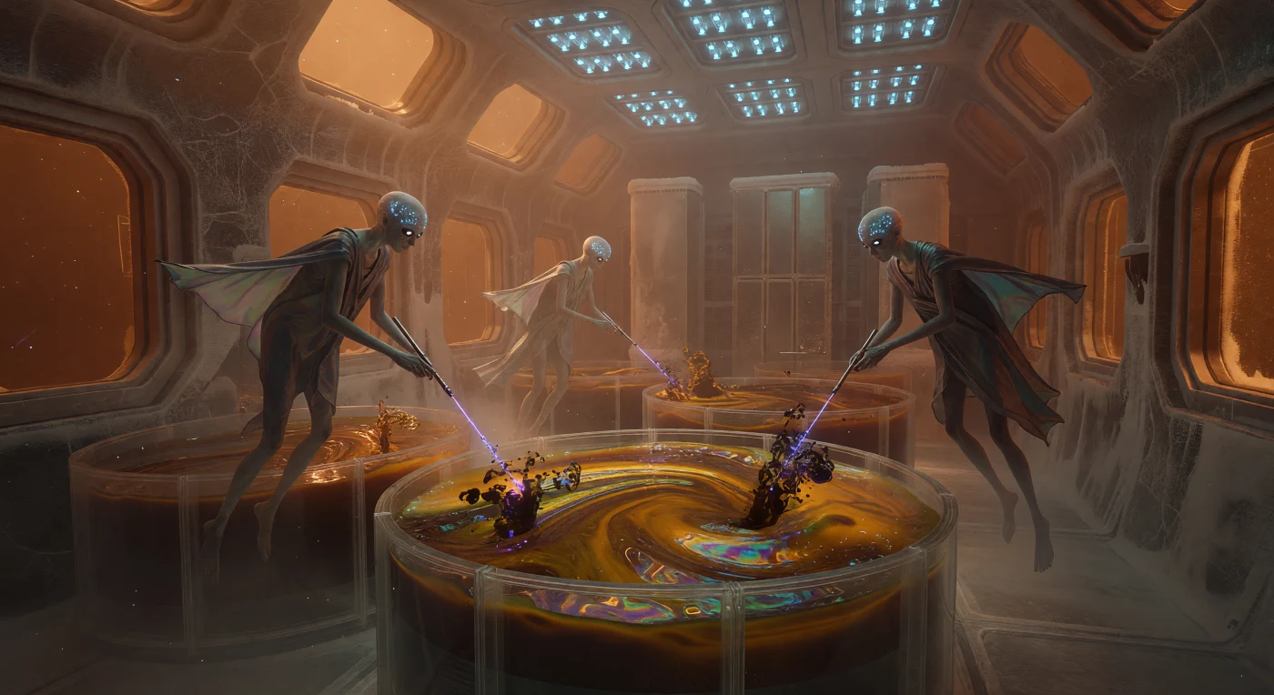 Durante a Grande Divergência (2200-2500 d.C.), técnicos da linhagem *Homo adaptus* monitoram a produção de nutrientes em vultosas cubas de polímero nas profundezas de Titã. Adaptados à gravidade de 0.138g e ao frio extremo de 94 K, esses seres de três metros de altura utilizam agulhas de prata para injetar ésteres aromáticos em pastas orgânicas, comunicando-se através de padrões bioluminescentes em sua pele translúcida. A cena, ambientada em câmaras esculpidas diretamente na crosta de gelo hídrico, ilustra a sofisticação industrial do Sindicato Criogênico e a transição da humanidade para formas de vida otimizadas para o processamento de hidrocarbonetos no Sistema Solar externo.