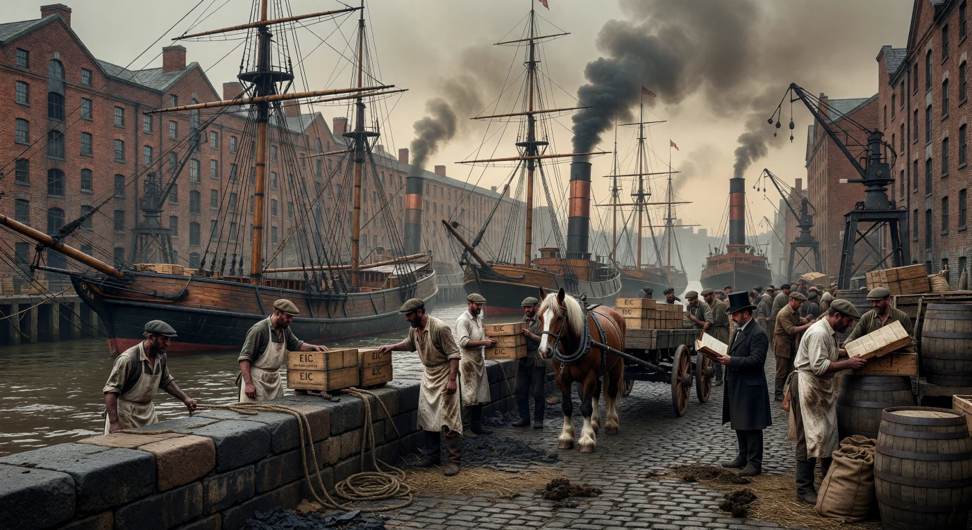 In den Londoner Docks um 1850 treffen die filigranen Masten stolzer Teeklipper auf die rußigen Eisenkamine der ersten Dampfschiffe und markieren so den technologischen Wendepunkt der Industriellen Revolution. Während Hafenarbeiter in groben Segeltuchschürzen schwere Kisten der East India Company über das schlammige Kopfsteinpflaster hieven, hüllt eine Mischung aus Themse-Nebel und Kohlerauch die gewaltigen Backsteinspeicher ein. Diese Szene fängt die Atmosphäre eines globalen Handelszentrums ein, in dem das Zeitalter der Segel der mechanisierten Moderne und dem rasanten Wachstum des British Empire weicht.