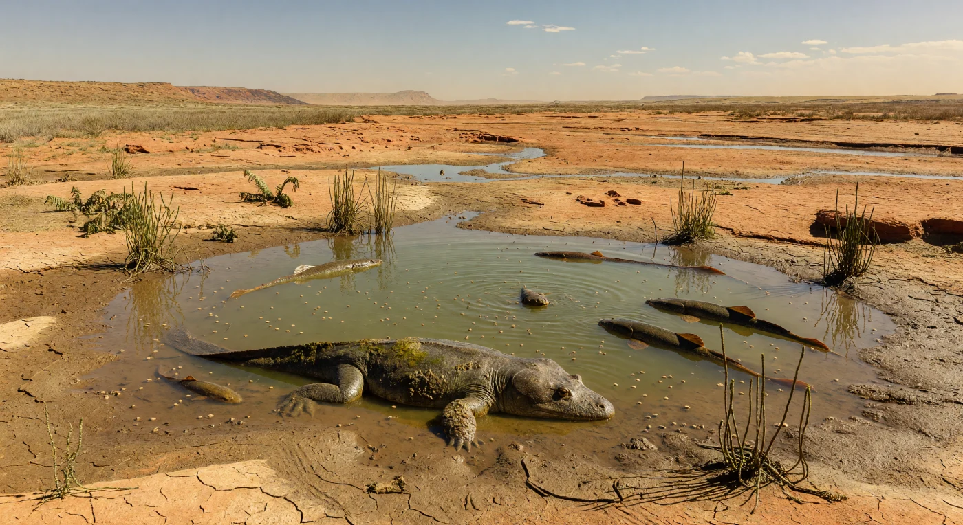 Aan de rand van een krimpende droogtijddobber in het Laat-Trias, ongeveer 235–220 miljoen jaar geleden, ligt een Xenotosuchus-achtige temnospondyl half ondergedoken in troebel groenbruin water, terwijl kleinere Ceratodus-achtige longvissen tussen de ondiepten bewegen. De scène toont een heet, seizoensdroog landschap van Gondwana: gebarsten roodbruine modder, schaars paardenstaartachtig groen en ondiepe poelen vol conchostracen, kleine kreeftachtigen die typisch waren voor tijdelijke wateren. Zulke brede overstromingsvlaktes in zuidelijk Pangea bewaarden de laatste grote amfibische roofdieren, die hier nog floreren in een wereld vlak vóór dinosauriërs veel ecosystemen gingen domineren.