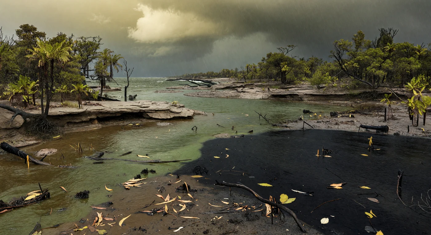 Sob um céu amarelo-acinzentado carregado de aerossóis vulcânicos, um estuário polar do sul de Gondwana é fustigado por chuva ácida no fim do Pérmico, há cerca de 252 milhões de anos, enquanto troncos tombados e folhas arrancadas de Glossopteris são arrastados por águas lamacentas ricas em cinza e carvão. As margens de arenito e siltito desfazem-se na cheia, turfeiras incipientes são erodidas e a água costeira passa de um verde oleoso turvo para um negro profundo, sinal de anóxia e condições euxínicas. Entre bosques moribundos de fetos com semente e raros esfenófitos encharcados, um pequeno tetrápode — talvez um temnospôndilo ou um dicinodonte — quase se perde na vastidão de uma paisagem em colapso durante a maior extinção em massa da história da Terra.