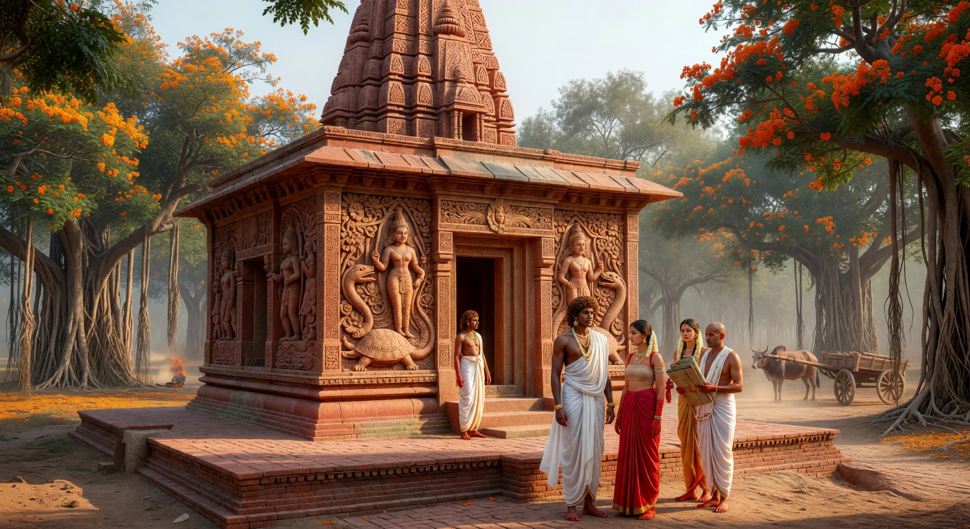 Ce temple de Dashavatara à Deogarh, érigé au début du Ve siècle, illustre l'apogée de l'architecture de l'empire Gupta avec sa tour pyramidale naissante et ses bas-reliefs raffinés sculptés dans le grès rouge. On y observe des courtisans vêtus de fine mousseline et un prêtre muni de manuscrits sur feuilles de palmier, se rassemblant devant le portail monumental où les déesses fluviales Ganga et Yamuna accueillent les fidèles. Ce monument marque une transition cruciale vers la structure classique du temple hindou en pierre, témoignant de la maîtrise artistique et de la prospérité culturelle de « l'âge d'or » de l'Inde ancienne.
