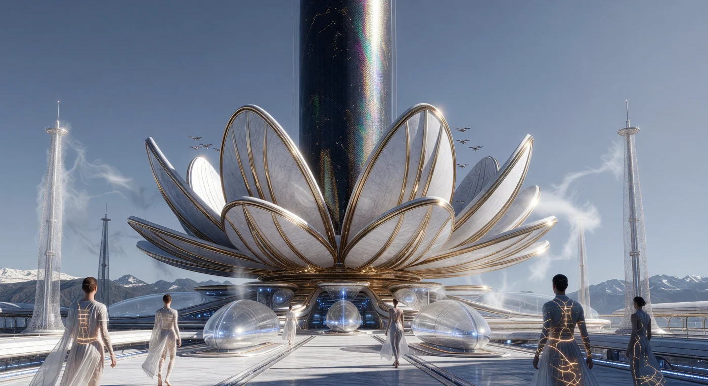 Situada em Quito durante a era da Grande Divergência (2200–2500 d.C.), a Âncora Lótus ergue-se como um terminal colossal de cinco quilômetros de largura para o elevador espacial, exibindo uma geometria floral de mármore sintético e titânio dourado. No centro desta estrutura, uma fita de fibra de carbono monocristalina ascende verticalmente até a ionosfera, enquanto humanos Terrestres Bio-Integrados, com peles bioluminescentes e proporções alongadas, circulam por plataformas de levitação magnética e colhedores atmosféricos. Esta maravilha da engenharia do século XXIII demonstra o ápice da arquitetura terrestre, fundindo biocrete autorreparável com tecnologias de enxame robótico para conectar as cimeiras nevadas dos Andes às fronteiras orbitais.