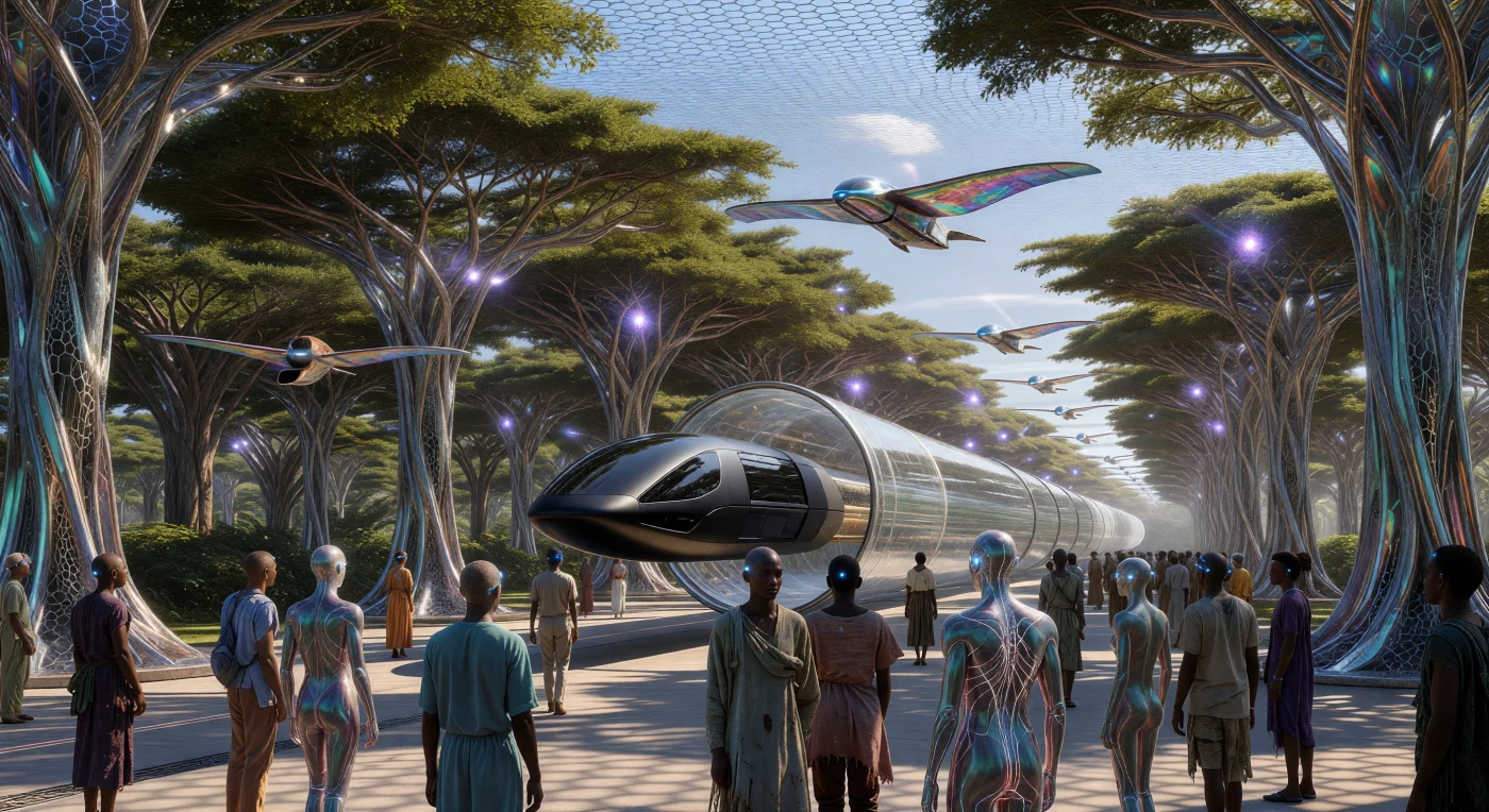En esta recreación de la Terminal de la Columna MagLev en Nairobi hacia el año 2088, presenciamos el apogeo del Alba Aumentada, una era definida por la integración total entre la infraestructura de nanotubos de carbono y el ecosistema del Valle del Rift. La imagen captura la interacción entre humanos aumentados mediante enlaces *Nyansapo*, entidades sintéticas de chasis biomimético y comunidades naturales, todos bajo la sombra de la Gran Muralla Verde 2.0. Sobre el centro de transporte, naves *Manta-Flyer* con membranas de aleación con memoria sobrevuelan pilares que imitan la arquitectura celular de las acacias, evidenciando una etapa de la historia terrestre donde la tecnología y la evolución biológica han convergido en una simbiosis planetaria.