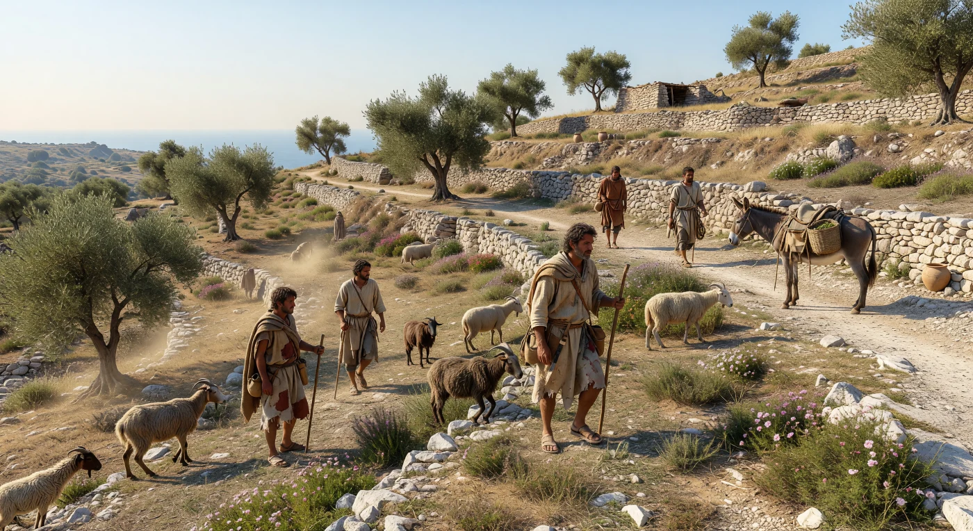 Sous un soleil dur de fin d’été, des bergers en courtes tuniques de laine conduisent chèvres cornues et moutons à travers des terrasses de pierre sèche plantées d’oliviers aux feuilles argentées, tandis qu’un âne chargé de paniers attend sur le sentier. Cette scène évoque la vie quotidienne des hautes terres méditerranéennes à l’âge du Fer, vers 700 à 500 avant notre ère, où l’élevage et l’oléiculture formaient une économie de subsistance essentielle. Les murs sans mortier, bâtis pour retenir la terre sur les pentes arides, témoignent d’un travail patient du paysage, dans un monde rural modeste mais déjà lié aux échanges méditerranéens par l’huile d’olive et les produits transportés en panier.