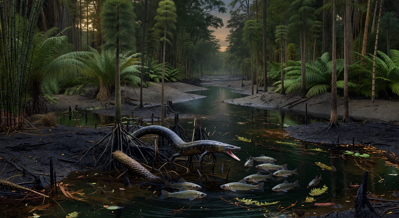 In un’ansa d’acqua nera e torbida di una foresta equatoriale carbonifera, un Crassigyrinus lungo quasi 2 metri scatta fuori da un intrico di radici sommerse per piombare su un banco di Elonichthys lunghi circa 20 cm, mentre fronde galleggianti, tannini e detriti vegetali riducono la visibilità a una foschia verdastra. La scena si svolge nel tardo Carbonifero, circa 315–305 milioni di anni fa, nelle grandi paludi torbose di Euramerica, dove boschi di Lepidodendron, Sigillaria e Calamites crescevano su pianure deltizie piatte e impregnate d’acqua. Crassigyrinus era un grande tetrapode acquatico dal corpo allungato, con arti molto ridotti e possenti mascelle, perfettamente adatto agli agguati nei canali stagnanti che avrebbero poi contribuito a formare molti dei giacimenti di carbone del mondo.