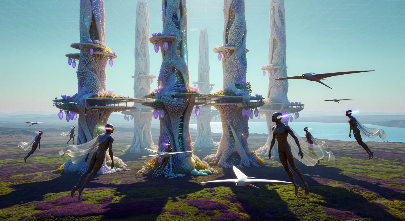 इस दृश्य में हम टेराफॉर्म किए गए मंगल ग्रह के 'थारिस सिटी-कॉम्प्लेक्स' को देख रहे हैं, जहाँ 2.5 मीटर लंबे *होमो मार्शियन* (Homo Martian) पारभासी 'एरो-केप्स' की मदद से 5 किलोमीटर ऊंचे जैव-इंजीनियर्ड कोरल-सिलिकेट शिखरों के बीच सहजता से उड़ रहे हैं। सौर विस्तार काल (2500-3000 ईस्वी) के दौरान, मंगल एक जीवंत 'हरित विश्व' में बदल चुका था, जहाँ 'ग्रेट रस्ट-ब्लूम' काई और 'विट्रीयस फ्लोरा' जैसे उन्नत पौधे 0.38g गुरुत्वाकर्षण वाले इस नए पारिस्थितिकी तंत्र का आधार थे। ये उन्नत मानव और सुई जैसे पतले 'नोस्फीयर-वॉकर प्रॉक्सी' अपने न्यूरल मेश से निकलने वाले रंगीन 'सिनैस्थेटिक बर्स्ट' के माध्यम से संवाद करते हैं, जो तकनीकी और जैविक विकास के चरम संगम को दर्शाता है।