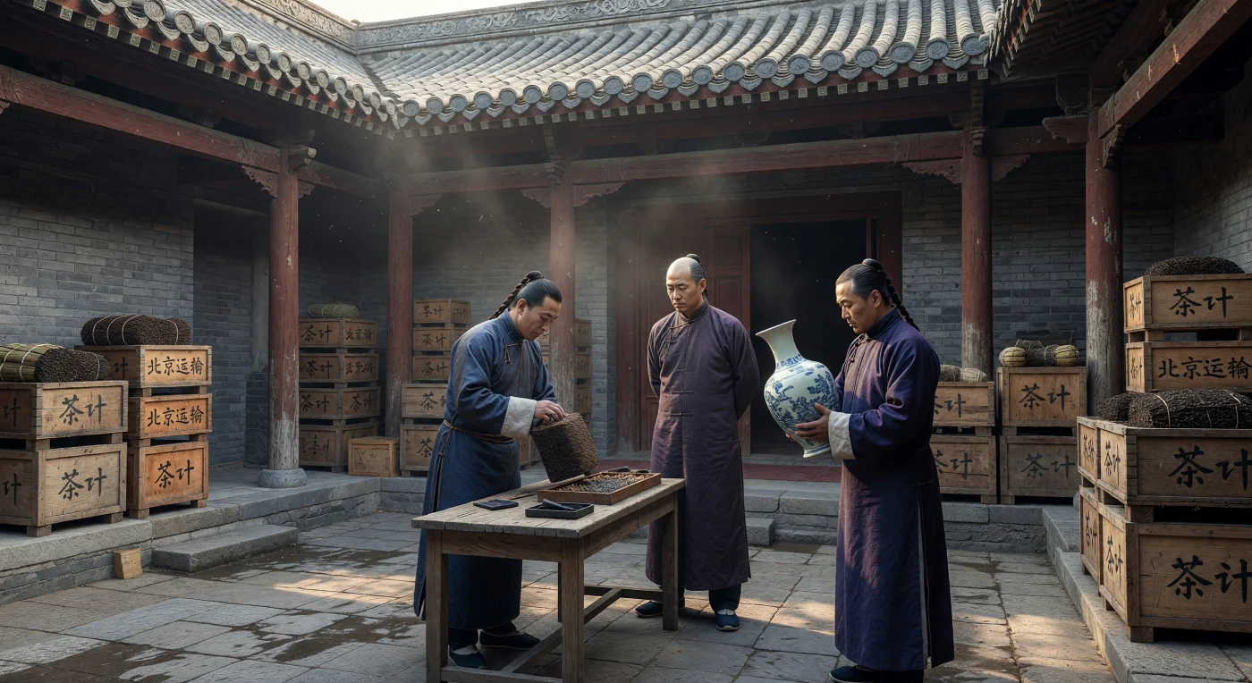 In deze sfeervolle binnenplaats van een traditionele Siheyuan in Peking inspecteren Mantsjoe-handelaren, herkenbaar aan hun kenmerkende haarvlechten en zijden changshan-gewaden, kostbare blokken geperste thee en fijn porselein. Omgeven door houten transportkisten en in bamboe gewikkelde balen, worden de kooplieden verlicht door zacht ochtendlicht dat de verweerde grijze bakstenen en houten kolommen van het pakhuis accentueert. Dit tafereel uit circa 1895 vangt de essentie van de bloeiende theehandel tijdens de late Qing-dynastie, een periode waarin eeuwenoude tradities en wereldwijde commercie elkaar ontmoetten in het hart van het Chinees Keizerrijk.