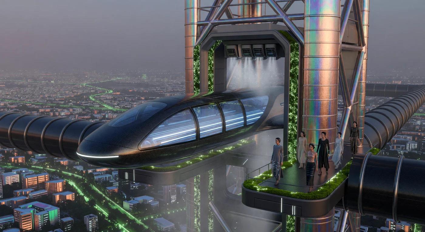 During the mid-21st century "Threshold" era (c. 2042), the Mumbai Bharat-Express Hub serves as a vital node for the South Asian Federation’s thorium-powered Maglev network. The scene depicts a carbon-fiber pod docking at a graphene-reinforced tower, where Siddha-Sync humans—augmented with subdermal thermal-regulation nanobots—navigate a pressurized, sandalwood-scented environment. This high-altitude infrastructure allows society to thrive within a nocturnal economy, shielded from the 50°C exterior temperatures of the Anthropocene.