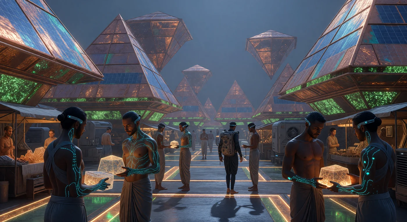 In this depiction of a midnight market in Neo-Delhi during the Threshold era (c. 2025–2050), humanity adapts to a high-humidity, 40°C nocturnal environment powered by thorium-plasma energy and artificial moonlight from orbital mirrors. The scene highlights the physiological divergence of the human population into "Siddha-Syncs," who utilize subdermal thermal-regulation networks to survive extreme wet-bulb events, and "Baseline Humans" relying on external cooling vests. Central to this future economy are "Prana-Pods," 3D-printed nutrient bricks that became the primary food source following the collapse of traditional agriculture during the mid-21st century's climatic shifts.