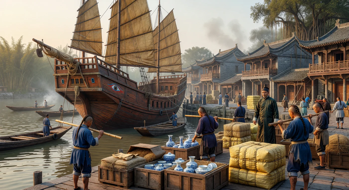 A massive three-masted Chinese junk docks at the bustling port of Guangzhou during the 18th century, its bamboo-slat sails partially furled as laborers unload precious cargo. Workers wearing the mandatory queue hairstyle of the Qing Dynasty transport crates of fine porcelain and bales of raw silk, which were the primary drivers of the maritime Silk Road. This scene captures the vibrant atmosphere of the Pearl River delta, then the central gateway for global trade between the Qing Empire and the world.