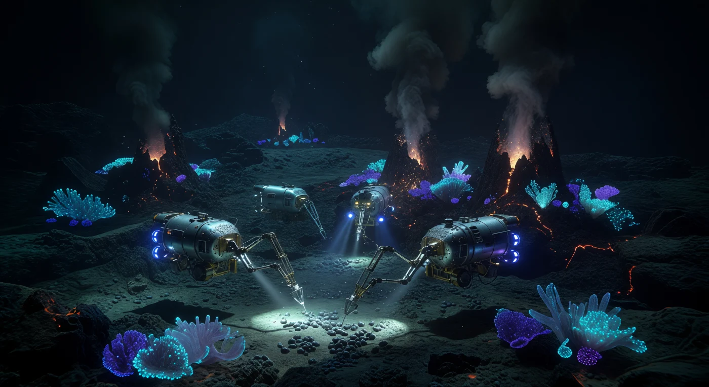 In der Clarion-Clipperton-Zone des Pazifiks ernten autonome Titan-Tauchroboter in 4.000 Metern Tiefe seltene Neodym-Knollen, ein zentraler Pfeiler der technologischen Transformation um das Jahr 2040. Die Szenerie wird von gewaltigen hydrothermalen „Schwarzen Rauchern“ und synthetisch modifizierten, biolumineszenten Korallen geprägt, die in dieser extremen Hochdruckumgebung als lebende Biosensoren fungieren. Diese Momentaufnahme verdeutlicht den industriellen Vorstoß in das Zeitalter der „Schwelle“, in dem die Menschheit die letzten unberührten Ressourcenfelder der Erde erschließt.