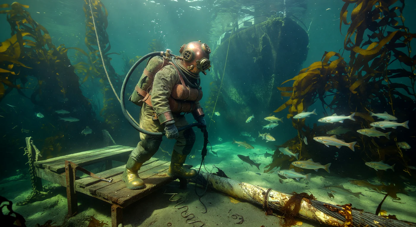 Ein Tiefseetaucher der Belle Époque steigt im Jahr 1905 in einem schweren Kupferhelm und Segeltuchanzug von einer hölzernen Plattform in einen dichten Kelpwald hinab, um ein transatlantisches Telegrafenkabel zu inspizieren. Umgeben von smaragdgrünem Wasser und vorbeiziehenden Fischschwärmen verdeutlicht diese Szene die gefährliche Pionierarbeit, die zur Aufrechterhaltung der ersten globalen Kommunikationsnetze unter extremem physischem Einsatz geleistet wurde. Die Kombination aus massiver Ausrüstung und industrieller Präzision markiert den technologischen Übergang am Vorabend der Moderne, als die Tiefsee zur neuen Grenze menschlicher Bestrebungen wurde.