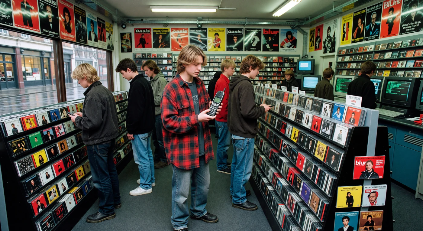 Tieners in oversized flanellen shirts en baggy spijkerbroeken bladeren door rijen plastic CD-doosjes in een Londense megastore in 1995, een tijd waarin de Britpop-rage op haar hoogtepunt was. Terwijl zij door albums van bands als Oasis en Blur zoeken, illustreert de aanwezigheid van een robuuste Nokia 2110 de vroege overgang naar het digitale tijdperk. Deze momentopname vangt de tastbare muziekcultuur van de late 20e eeuw, vlak voordat internet en streaming de manier waarop we media consumeren voorgoed zouden transformeren.