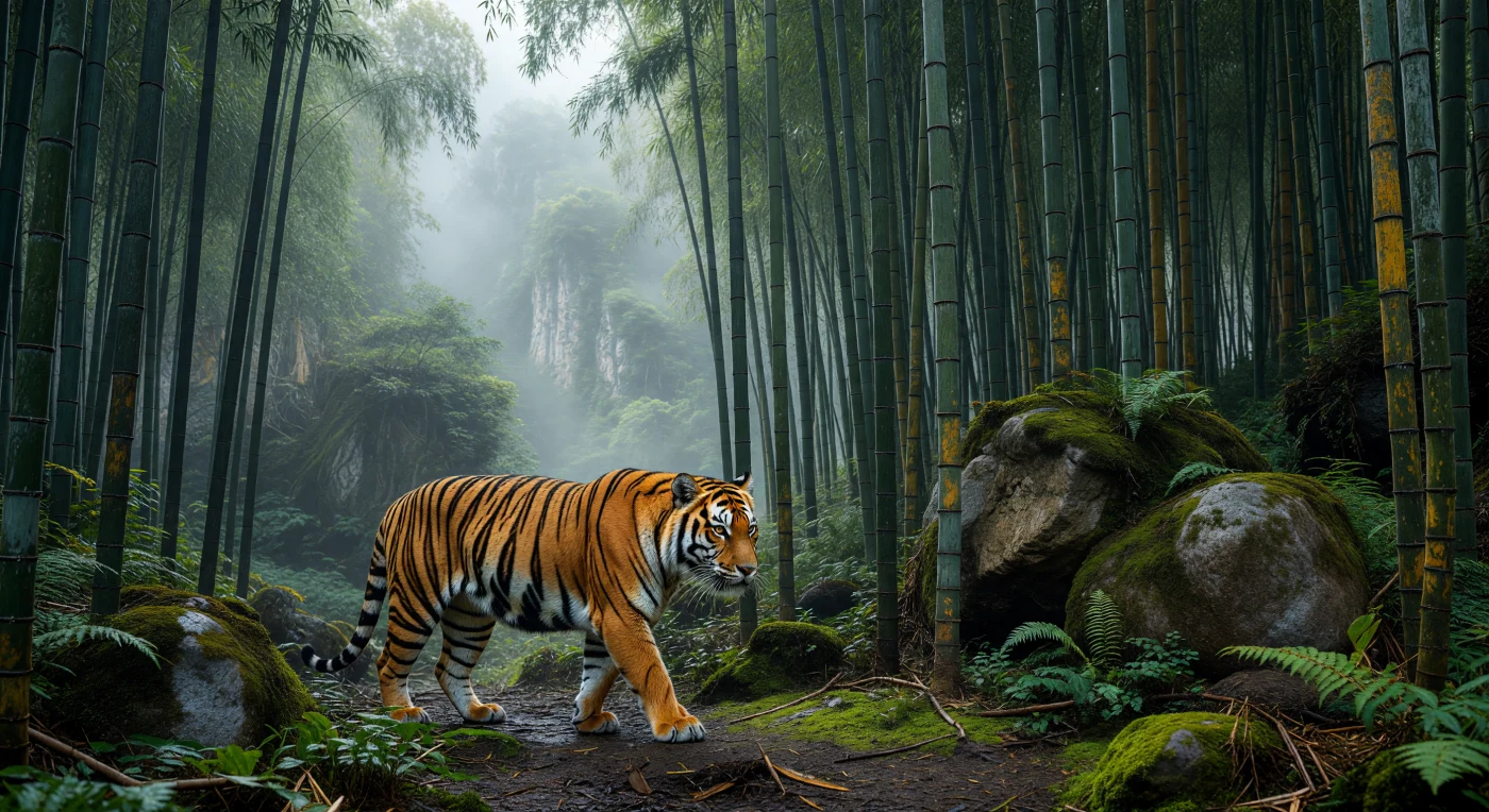 Um tigre-do-sul da China espreita silenciosamente entre os densos colmos de bambu e rochedos de granito cobertos de musgo na Bacia de Sichuan, envolto na neblina das florestas subtropicais. Durante a Dinastia Tang (618–907 d.C.), este predador majestoso era um elemento central da paisagem natural e cultural, habitando regiões que inspiraram a estética das pinturas clássicas *Shanshui*. A cena retrata o ecossistema preservado da Ásia Oriental medieval, numa época em que a fauna selvagem ainda dominava as encostas montanhosas situadas abaixo dos distantes templos imperiais.