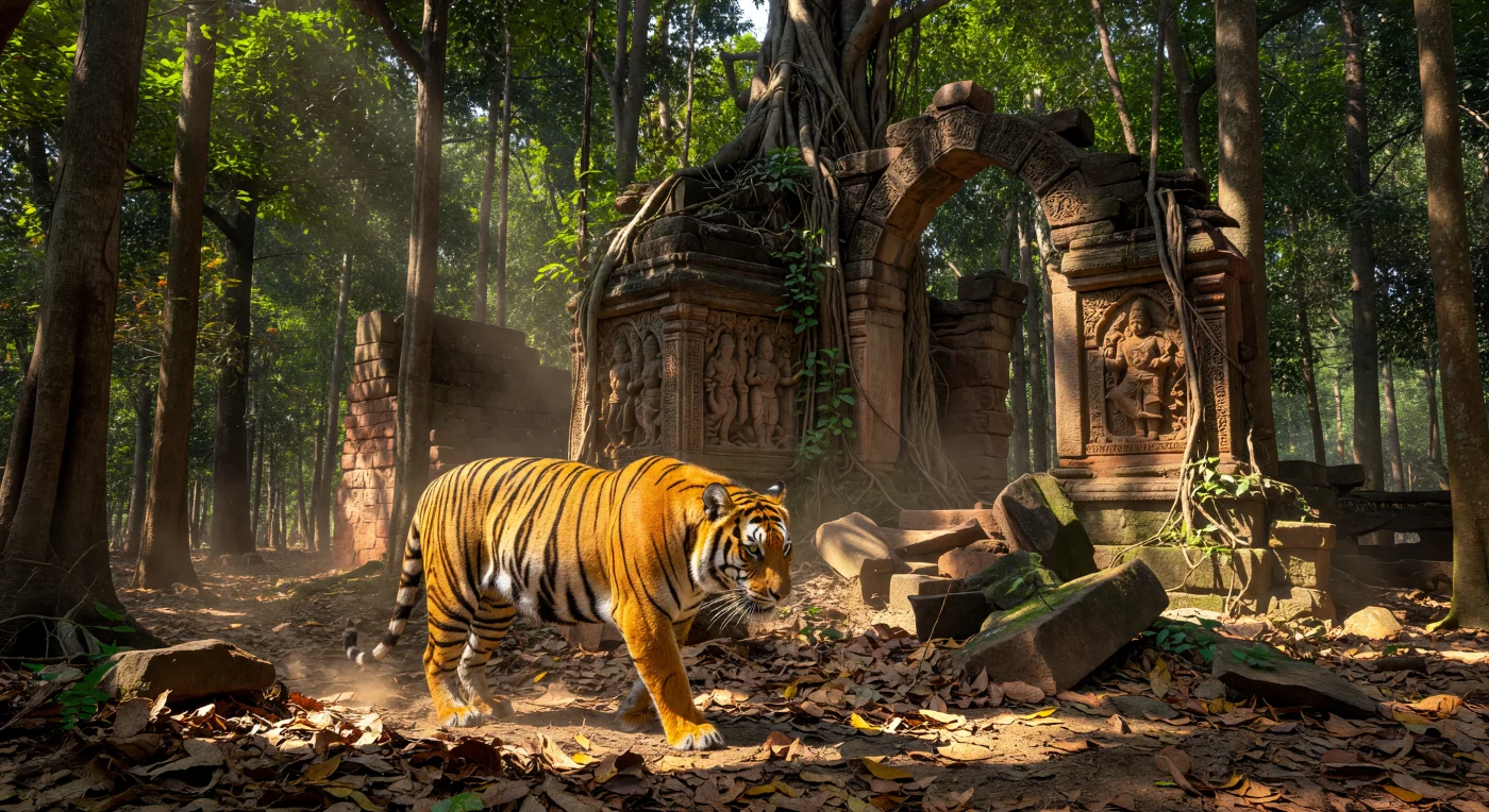 Un majestuoso tigre de Bengala acecha con sigilo entre la luz moteada de un denso bosque de Sal, mientras sus poderosas garras pisan un manto de hojas secas en la presidencia de Bengala hacia 1900. Al fondo, los restos de un santuario hindú del siglo XVII, construidos en arenisca roja y envueltos por las raíces aéreas de una higuera sagrada, ilustran la lenta reconquista de la naturaleza sobre la arquitectura precolonial. Esta imagen evoca la atmósfera indómita del "Gran Raj" durante la Belle Époque, un periodo donde la vida silvestre del subcontinente aún dominaba los paisajes salpicados de ruinas ancestrales.