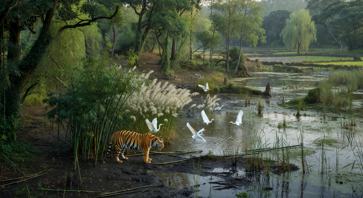 Dans les marais de bambous du bas Yangzi, un tigre de Chine du Sud avance à pas feutrés dans la boue sombre, tandis que des aigrettes blanches s’élèvent au-dessus des roseaux et des eaux peu profondes. Cette scène évoque le monde de la fin des Royaumes combattants et du début des Han occidentaux, quand les zones humides et forêts subtropicales du sud de la Chine abritaient encore une faune abondante, malgré l’extension progressive de la riziculture. Les clairières lointaines et les premières rizières rappellent qu’à cette époque, la frontière entre terres cultivées et nature sauvage demeurait encore vaste et mouvante.