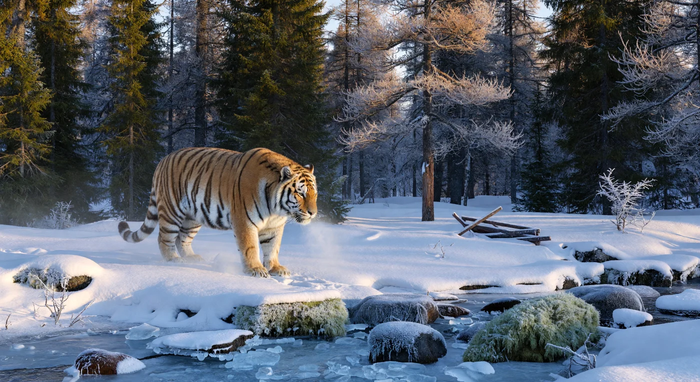 Una maestosa tigre dell'Amur si aggira furtiva tra i larici e gli abeti innevati dei monti Stanovoj, catturata nel cuore della taiga siberiana intorno al 1750. I segni sugli alberi e le rudimentali trappole in legno visibili nel paesaggio testimoniano l'intensa competizione tra i grandi predatori e i cacciatori russi o indigeni, attratti in queste terre remote dalla redditizia ricerca dell'"oro soffice". Questa scena evoca la cruda realtà della frontiera nord-asiatica durante la prima età moderna, un’epoca in cui la fauna selvatica dominava ancora vasti territori contesi tra l'espansione imperiale russa e quella della dinastia Qing.