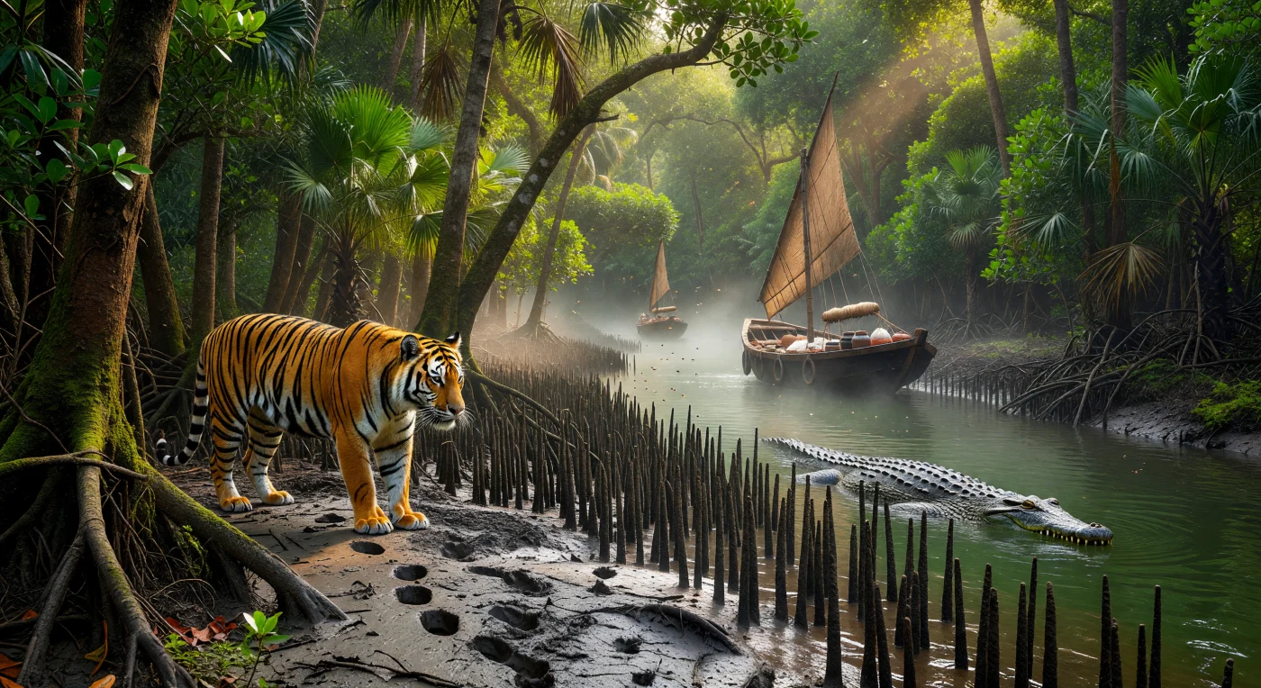 Au cœur du XVe siècle, sous l'ère florissante du Sultanat du Bengale, un tigre royal se faufile entre les racines entrelacées des arbres Sundari tandis qu'un crocodile marin affleure à la surface des eaux saumâtres. Ce paysage sauvage des Sundarbans témoigne d'un écosystème alors vierge, où la brume matinale enveloppe les routes commerciales empruntées par des navires traditionnels chargés de sel et de précieuse mousseline. Cette scène illustre la coexistence entre une biodiversité indomptée et l'essor maritime d'une puissance régionale majeure du Moyen Âge tardif.