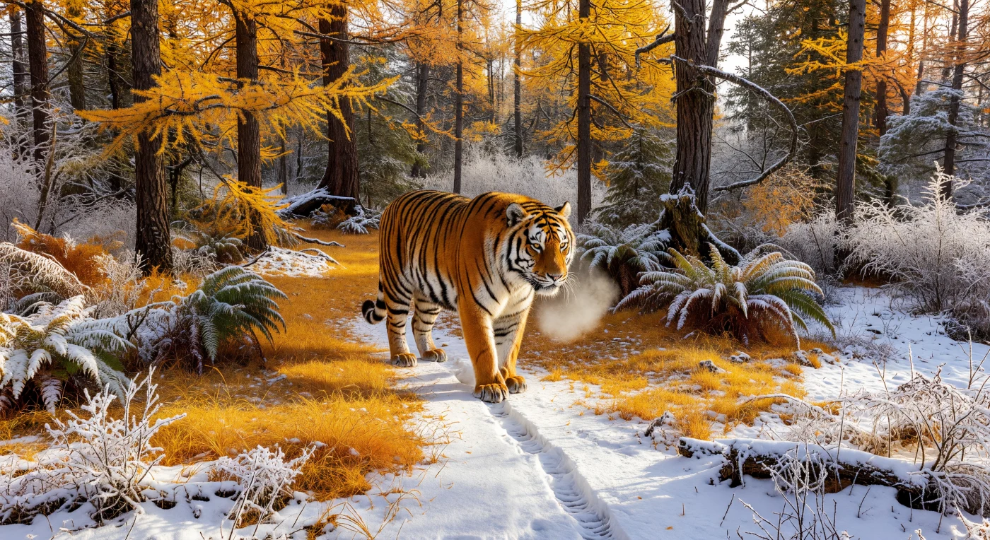 Una maestosa tigre siberiana avanza silenziosa tra i larici dorati e le prime nevi della taiga, catturata nel cuore del bacino del fiume Amur durante la metà del XIX secolo. Il suo folto manto invernale e lo sguardo concentrato riflettono la cruda bellezza di una natura ancora primordiale, in un'epoca segnata dal consolidamento dell'Impero Russo verso l'Estremo Oriente. Questo predatore alfa simboleggia la frontiera selvaggia del 1850, dove le vaste foreste di conifere costituivano il teatro d'incontro tra le ambizioni coloniali e gli ecosistemi incontaminati dell'Asia settentrionale.