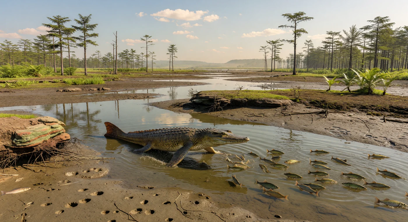 Su una piana fangosa di marea del tardo Devoniano, circa 375 milioni di anni fa, un grande Tiktaalik roseae balza dall’acqua salmastra e torbida contro un banco di piccoli attinotterigi primitivi, puntellando le robuste pinne pettorali nel limo increspato accanto alle radici esposte di Archaeopteris. Questa scena, ambientata nelle foreste costiere di Laurussia, mostra uno dei più celebri tetrapodomorfi: un animale ancora chiaramente ittico, ma con collo mobile, occhi posti dorsalmente e arti-pinna capaci di sostenerlo nei bassi canali tidali. Intorno, i primi alberi veri e propri e le giovani comunità di licopsidi e piante simili a felci testimoniano un mondo caldo e umido in cui le interfacce fra terra e acqua stavano diventando il teatro dell’evoluzione dei vertebrati terrestri.