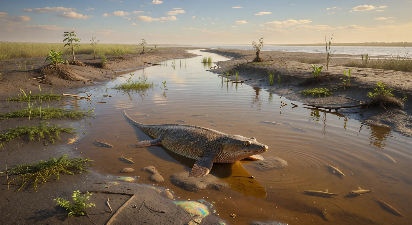 Dans un chenal de marée saumâtre du Dévonien supérieur, il y a environ 375 millions d’années, un grand Tiktaalik roseae d’environ 2,5 m repose à demi immergé sur une barre de vase, ses yeux dressés au sommet du crâne et ses nageoires pectorales robustes appuyées dans le sédiment comme de véritables poignets. Autour de lui, dans une eau brun ambré chargée de limon, nagent de petits poissons osseux à nageoires rayonnées et lobées, tandis que les rives boueuses portent une végétation primitive et les racines des premières forêts. Ce célèbre sarcoptérygien de la marge de la Laurussia incarne une étape clé de l’évolution des vertébrés, montrant comment certains poissons des estuaires et plaines tidales ont acquis des adaptations annonçant les premiers tétrapodes.