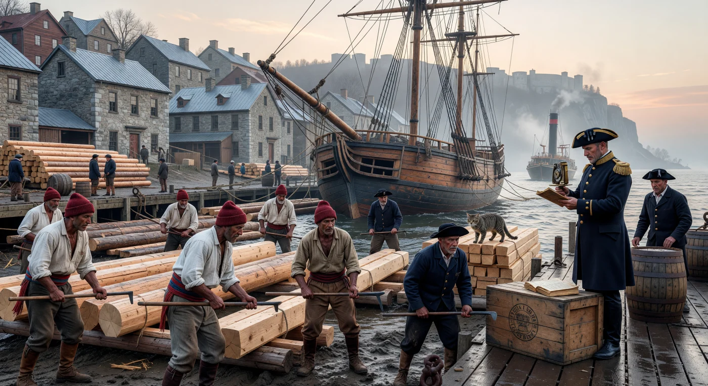This scene depicts the bustling timber docks of Quebec’s Lower Town in 1845, where French-Canadian *cageux* (raftsmen) in traditional *ceintures fléchées* work alongside British sailors to maneuver massive rafts of white pine. During this era, Quebec served as the primary port for the British Empire’s insatiable demand for timber, a trade that transformed the region into a global maritime hub. The image captures the technological transition of the mid-19th century, featuring a traditional timber ship with specialized "bow ports" for loading logs alongside an early coal-burning paddle-wheel steamer. In the background, the rugged limestone warehouses of the port rise toward the formidable stone ramparts of the Citadel atop Cap Diamant, reflecting the strategic and industrial importance of the St. Lawrence River.