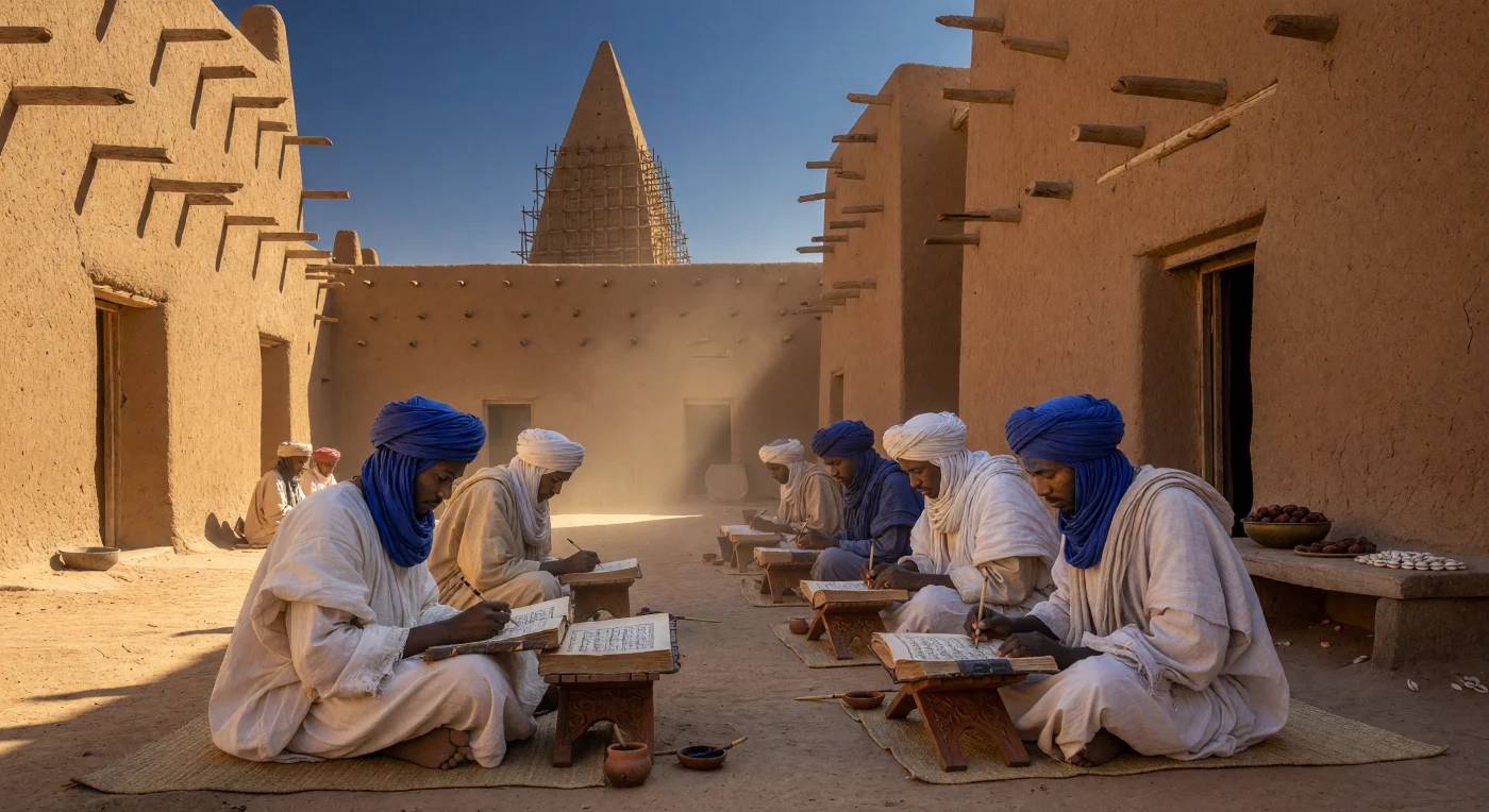 Scholars at the University of Sankore in Timbuktu engage in rigorous study, surrounded by the iconic Sudano-Sahelian architecture of the Songhai Empire at its 16th-century peak. Dressed in voluminous white boubous and indigo-dyed turbans, these intellectuals examine Arabic manuscripts that established the city as a premier global center for law, astronomy, and theology. The scene captures the rhythmic "toron" timber supports of the mud-brick mosque and the presence of cowrie shell currency, reflecting a sophisticated society where academic pursuit and trans-Saharan trade flourished in tandem.