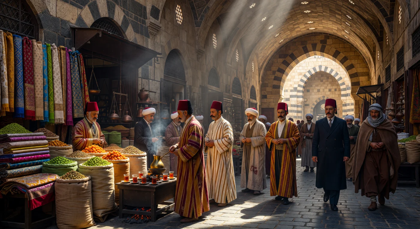 مشهدٌ حيوي لسوق الحميدية بدمشق قرابة عام 1900، حيث تتسلل خيوط الشمس عبر فتحات السقف الحجري لتعانق أكوام الفستق الحلبي ولفائف الحرير الدمشقي العريق وسط غبارٍ متراقص. يظهر التجار بملابس "القمباز" الحريرية المخططة و"الطربوش" العثماني الأحمر، في بيئةٍ معمارية تمتاز بنمط "الأبلق" الهندسي الذي يمزج بين الحجر الفاتح والداكن. يجسد هذا المشهد التنوع الاجتماعي الفريد لبلاد الشام في أواخر العصر الجميل، حيث يلتقي الأفندية بزيّهم العصري مع البدو بعباءاتهم التقليدية في قلب هذا المركز التجاري العريق.
