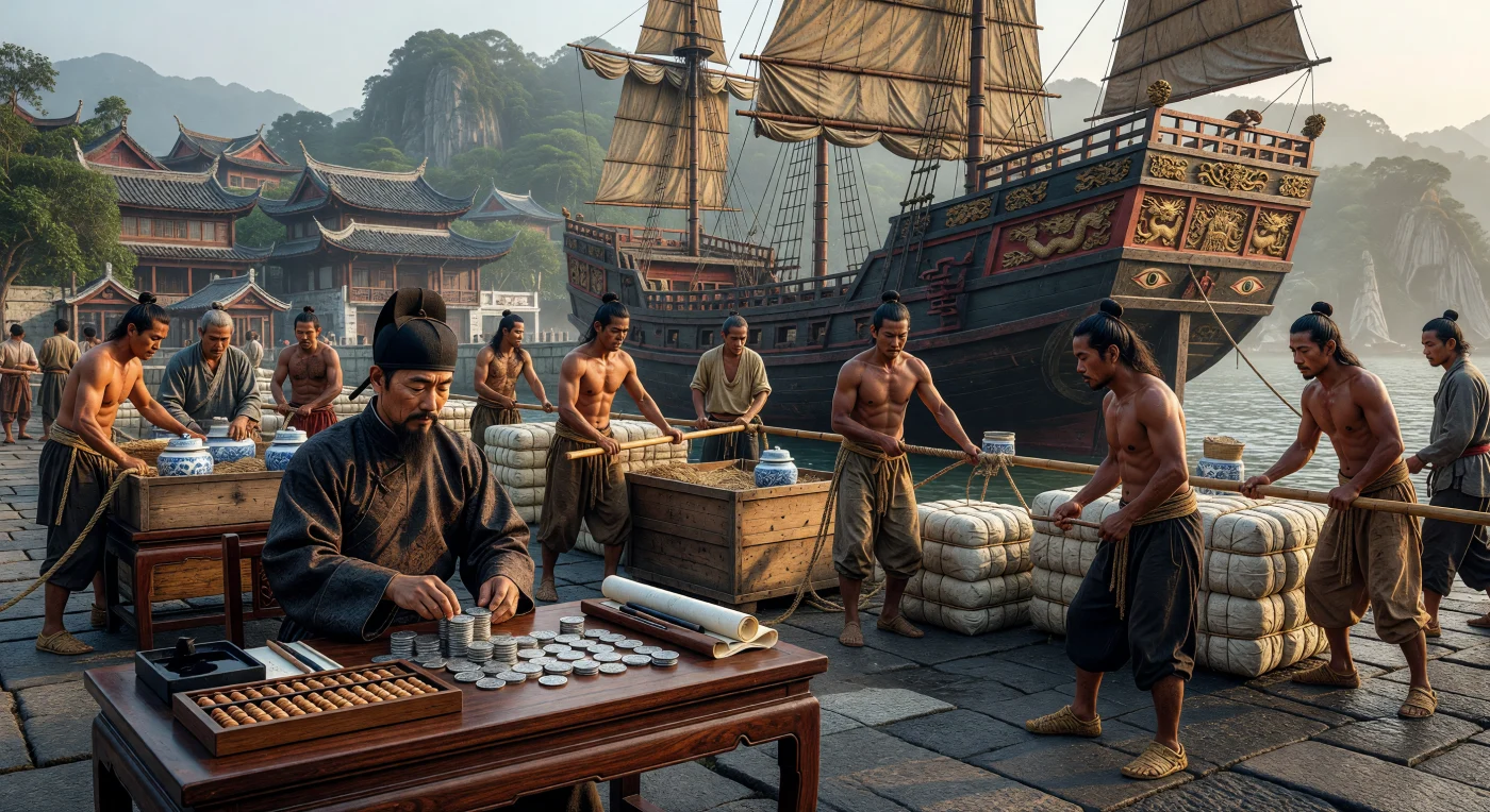 تُصور هذه المشهدية ميناءً نابضًا بالحياة في مقاطعة فوجيان خلال عهد سلالة مينغ (حوالي 1600م)، حيث يظهر تاجر صيني وهو يحصي العملات الفضية الإسبانية مقابل بالات الحرير والخزف الأزرق والأبيض المعدة للتصدير. في الخلفية، تبرز سفينة "جونك" ضخمة راسية على الرصيف بينما يبذل العمال جهدًا شاقًا لتحميل البضائع الثمينة تحت ضوء الصباح الذهبي والضباب الساحلي. يعكس هذا المنظر ذروة التجارة العالمية المبكرة، حيث كانت الصين تمثل المركز الإنتاجي للعالم، مما جعل الفضة المتدفقة من "قطع الثمانية" الإسبانية المحرك الأساسي لاقتصادها الإمبراطوري.