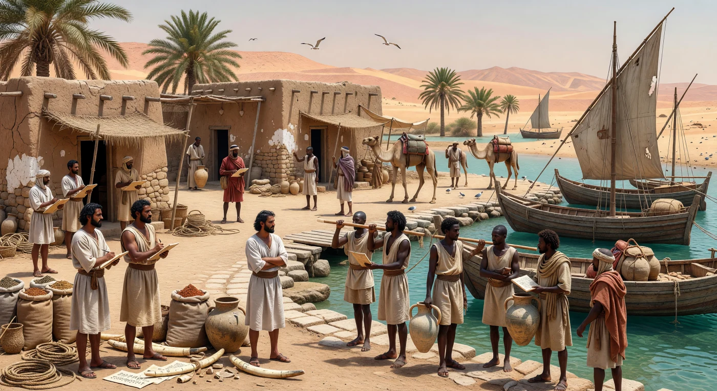 يُظهر هذا المشهد ميناء برنيس على ساحل البحر الأحمر المصري في القرن الأول قبل الميلاد، حيث يشرف موظفون مصريون-رومان على نقل الأمفورات وأنياب العاج وأكياس اللبان والمرّ بين مخازن من الطوب اللَّبِن وسفن بحرية مثبتة الألواح قرب مياه الشعاب الفيروزية. كان هذا المرفأ الحدودي، الذي ازدهر في أواخر العصر البطلمي وبدايات الحكم الروماني لمصر، حلقة وصل حيوية بين وادي النيل والجزيرة العربية وشرق أفريقيا والمحيط الهندي. وتُبرز القوافل القادمة بالجمال والعمّال من أصول متعددة كيف جعلت تجارة البحر الأحمر من برنيس ملتقىً نابضًا للسلع واللغات والشعوب في العالم القديم.