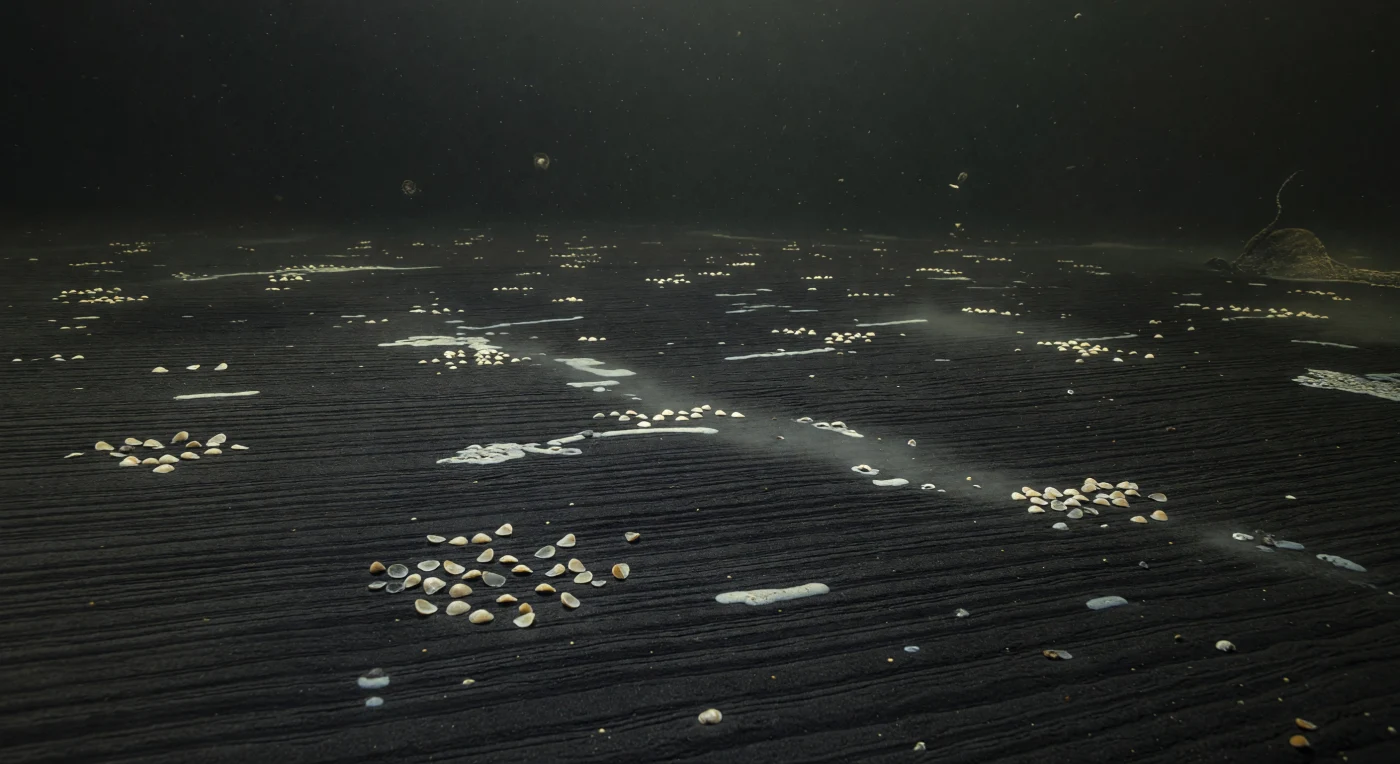 約1億830万年前、前期ジュラ紀トアルシアン期の海盆底では、酸素に乏しい海水の下に黒く細かな泥が静かに積もり、地層を乱す巣穴や足跡はまったく見られません。画面には、紙のように薄い浮遊性二枚貝ボシトラ（Bositra）の壊れやすい殻がまばらに散り、白い細菌マットと硫化水素を含むかすんだ層が、海底が無酸素に近かったことを物語ります。こうした黒色頁岩の前駆堆積物は、トアルシアン海洋無酸素事変（Toarcian Oceanic Anoxic Event）の代表的な証拠であり、温暖なジュラ紀の深海で海洋循環が乱れ、生物にとって過酷な環境が広がっていたことを今に伝えています。