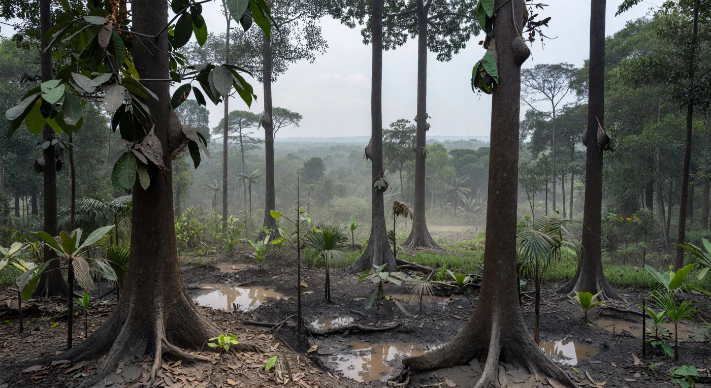 약 7만 4천 년 전, 북수마트라의 저지대 순다랜드 피난처 열대우림은 토바 초대형 분화 직후 내린 옅은 화산재 아래 숨을 죽인 듯 고요합니다. 거대한 쌍떡잎용수목과의 딥테로카르푸스류 나무는 판근과 넓은 잎까지 회색 테프라에 덮여 있고, 가지 위에는 불개미가 아니라 직조개미 Oecophylla smaragdina가 잎을 실로 꿰매 만든 둥지가 희미하게 보이며, 아래의 탄닌성 흑수 웅덩이에는 재가 떠 있습니다. 이 장면은 플라이스토세 빙하기 동안에도 습윤 숲이 남아 생물다양성을 지탱했던 ‘열대 피난처’의 한 순간으로, 재앙적 분화 뒤에도 수마트라 우림 생태계가 어떻게 버티고 회복했는지를 깊은 시간 속에 생생히 보여줍니다.